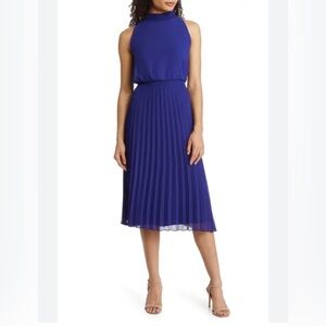 sam edelman pleat skirt halter dress Sam Edelman Drape Front Accordion Sleeveless Pleated Halter Midi Dress L New